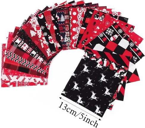 Hicarer 100 Pcs 5 x 5 Inches Christmas Precut Fabric Squares Black Red Cotton Craft Fabric Fat Quarters Snowman Santa Snowflake Fabric Scraps Bundles for Xmas DIY Craft Patchwork Sewing Quilting in Saudi Arabia