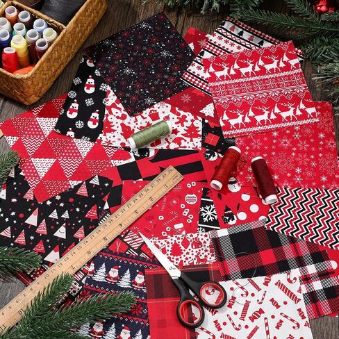 Hicarer 100 Pcs 5 x 5 Inches Christmas Precut Fabric Squares Black Red Cotton Craft Fabric Fat Quarters Snowman Santa Snowflake Fabric Scraps Bundles for Xmas DIY Craft Patchwork Sewing Quilting in Saudi Arabia