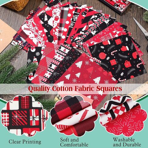 Hicarer 100 Pcs 5 x 5 Inches Christmas Precut Fabric Squares Black Red Cotton Craft Fabric Fat Quarters Snowman Santa Snowflake Fabric Scraps Bundles for Xmas DIY Craft Patchwork Sewing Quilting in Saudi Arabia
