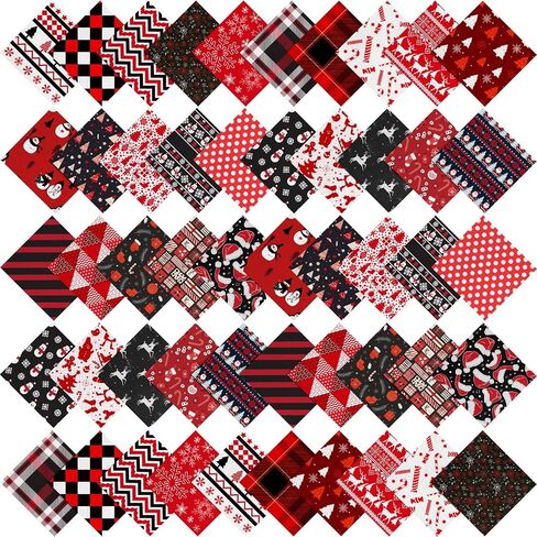 Hicarer 100 Pcs 5 x 5 Inches Christmas Precut Fabric Squares Black Red Cotton Craft Fabric Fat Quarters Snowman Santa Snowflake Fabric Scraps Bundles for Xmas DIY Craft Patchwork Sewing Quilting in Saudi Arabia