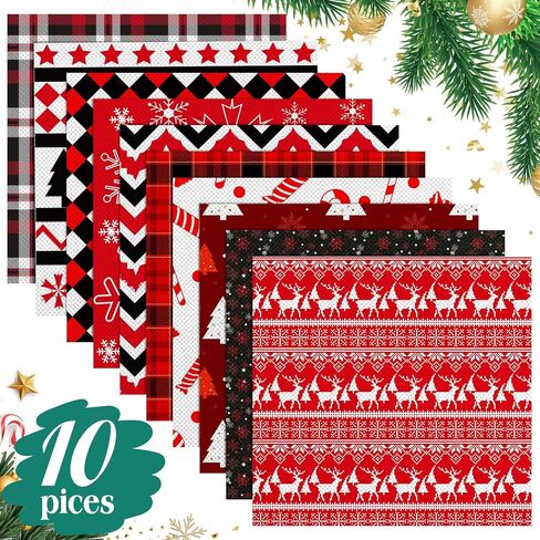 Hicarer 10 قطع 20 × 20 بوصة من نسيج القطن لعيد الميلاد، حزم مربعة من قماش الرنة الأحمر والأسود المنقوشة على شكل ندفة الثلج 10 أنماط مرقعة لعيد الميلاد وأرباع الدهون DIY لفن الخياطة المنزلية والحفلات المنزلية in Saudi Arabia