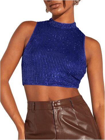 Floerns Women's Mock Neck Sleeveless Sequin Party Sparkly Crop Tank Tops Clubwear in Saudi Arabia
