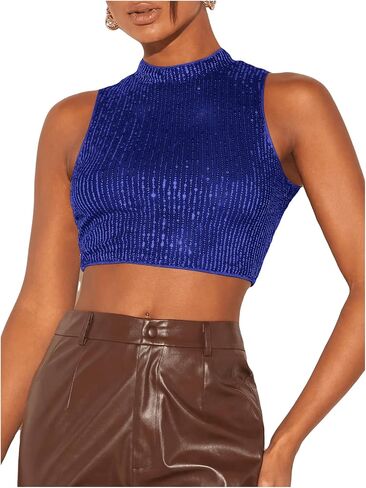 Floerns Women's Mock Neck Sleeveless Sequin Party Sparkly Crop Tank Tops Clubwear in Saudi Arabia