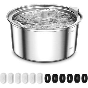 Cat Water Fountain Stainless Steel, 3.2L/108oz Pet Water Fountain for Cats Inside with Water Level Window, Ultra-Quiet Pump Pet Water Dispenser for Cats,Dogs, Multiple Pets, Dishwasher Safe