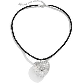 2Pcs Black Red Puffy Heart Pendant Necklace Set, Chunky Heart Waxed Cotton Cord Necklace, Grunge Goth Punk Y2k Accessories for Women