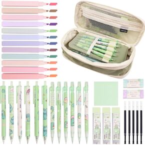 ITAWIXS 37Pcs Cute School Supplies with Cute Pen Case, 12 Pastel Highlighters, 6 Black Ink Gel Pens, 6 0.5mm Kawaii Mechanical Pencils Set for Students Stationary College Essentials