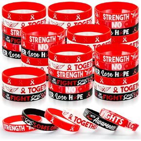 100 Pcs Heart Awareness Bracelets Red Ribbon Lanyard Silicone Wristbands Drug Awareness Support Bracelets for Heart Month Cancer Cause Public Charity Welfare Activities