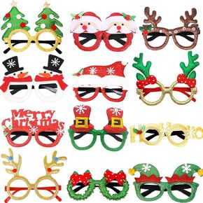 12Pcs Christmas Glasses Glitter Party Glasses Frames, 12 Cute Designs Christmas Costume Glasses Eyeglasses for Christmas Party Favors, Holiday Party Supplies, Christmas Decorations (One Size Fits All)