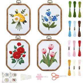ORIGACH 4 Set Embroidery Kit for Beginners Adults, DIY Flowers Embroidery Starter Kit with Stamped Patterns Instructions Embroidery Hoop Needles Threads for Crafting