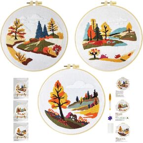 Xinpinzhou 3 Pcs Flower Grass Embroidery Kit, Beginning Easy Stamped Funny Hand Embroidery Patterns Starter Kits Set for Beginners Adults Plant Bordado with Cloth, Thread, Needle, Hoop, Scissors