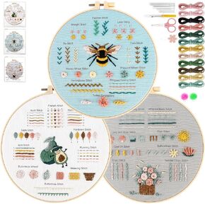 Estefanlo Embroidery Kit for Beginners-3 Sets Printed Patterns Cross Stitch Kits,Embroidery Crafts for Adults Beginners with Easy to Follow Instructions and Video Tutorials