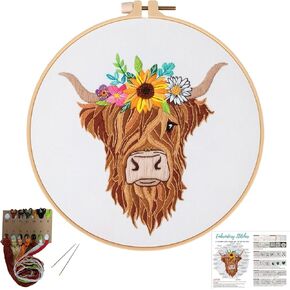 Louise Maelys Animal Embroidery Kits for Beginners with Highland Cow Pattern,Adults Starter Cross Stitch Kit DIY Needlepoint