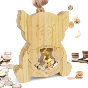Wooden Dinosaur Piggy Bank for Boys, Clear Piggy Bank Unbreakable Wood Coin Bank Cute Anime Kids Bank with Acrylic Window, Home Decoration Birthday for Kids