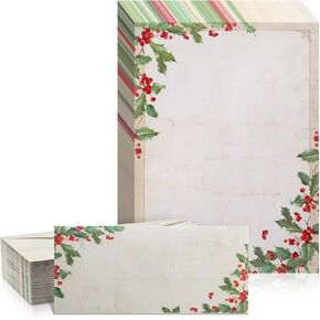 80 Sets Christmas Stationery Paper with Envelopes Christmas Holiday Paper Christmas Envelopes for Christmas Holiday Events Notes Invitation Office(Falling Holly)