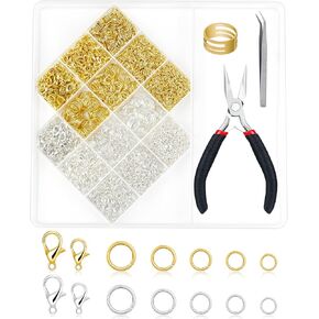 2400PCS FIVEIZERO Jump Rings Kit for Jewelry Making & Necklace Repair - Silver & Gold Jump Rings, Lobster Clasps, Pliers, Tweezer & Jump Ring Opener, Jewelry Repair Kit for Earrings and Charms