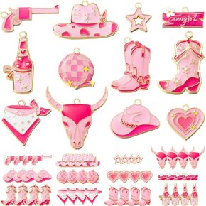 Pink Western Cowgirl Charms Pendants - 48Pcs Cowboy Boot Alloy Enamel Jewelry Pendants Pink Bull Head Hat Heart Charms for Jewelry Making Earring Necklace Bracelet Making DIY Crafts Birthday Xmas Gift