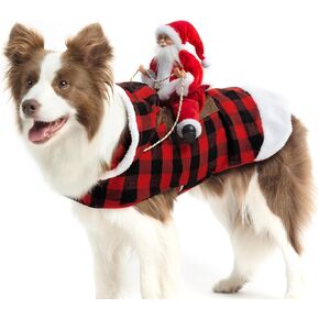 EXPAWLORER Dog Santa Costume - Dog Christmas Outfit Costume, Holiday Dog Christmas Sweater Gift, Plaid Dog Hoodie Santa Claus Riding Xmas Clothes for Medium Large Dogs, Large