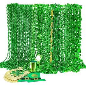 96PCS St. Patricks Day Necklace, 10 Kinds of St Patricks Beads Accessories, Metallic Irish Shamrock Beer Mug Coins Pendants Beads, Adult St Patricks Necklaces Bulk for Parade Party Supplies Favors