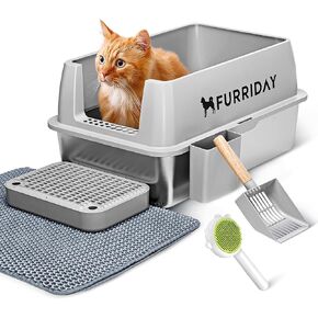 Stainless Steel Litter Box with Lid, XL Enclosed Cat Litter Box for Big Cats, High-Walled, Anti-Leak, Non-Stick Design, Easy to Clean, Includes Litter Mat, Scoop & Comb