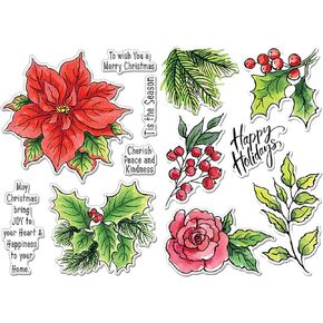 Briartw Merry Christmas Clear Stamp,Leafy Holiday Clear Stamps for Card Making,Poinsettia Season Clear Photopolymer Stamps for DIY Scrapbooking Decoration Gift Cards,Craft Card Tool