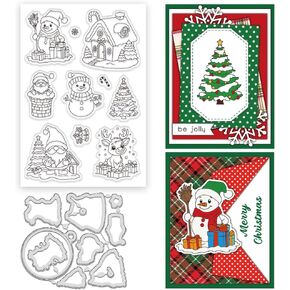INFUNLY Christmas Clear Stamps and Die Cut for Card Making Winter Snowman Rubber Stamps Santa Claus Silicone Stamps and Die Xmas Tree Transparent Stamps for Holiday DIY Scrapbooking Photo Album Decor