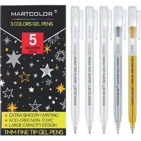 Gold Silver White Gel Pens, 5 Pack, 1 mm Extra Fine Point 3 Colors Gel Ink Pens Set, Opaque White Archival Ink Pens for Black Paper Drawing, Sketching, Illustration, Card Making