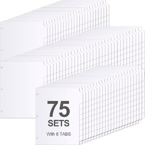 Geyoga 600 Pieces 3 Ring Binder Dividers with Tabs 75 Sets 8 Tab Dividers for 3 Ring Binders Letter Size Page Dividers 3 Hole Punch Section Index Dividers for Binders (White)