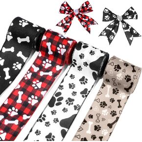 4 Rolls Paw Print Ribbon, 2.4 Inch x 20 Yard Red White Black Animal-Themed Ribbons - Pet Paw Dog Bone Wired Edge Ribbon for DIY Crafts, Party Decorations & Gift Wrapping