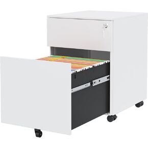 Mobile File Cabinet, White Steel 15.35 x 17.72 x 21.18 Inch Lateral Filing Cabinet Printer Stand with Lock Metal Lockable Rolling Cabinet for Legal/Letter/A4/F4 Size Home Office Use
