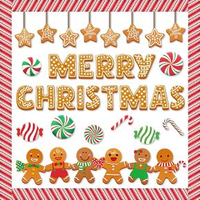 Whaline 76Pcs Merry Christmas Classroom Bulletin Board Decoration Kit Gingerbread Candy Cane Cutouts with Glue Point Red White Stripes Bulletin Border Sticker for Holiday School Wall Door Decoration