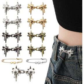 10 Set Pant Waist Tightener Star Buttons Pins for Loose Jeans Reusable Waist Cincher Clip Metal Brooch for Women Clothing Dresses Skirts No Sewing Decoration Accessories