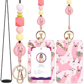 Retractable Lanyards for ID Badges, Teacher Lanyard Retractable Badge Holders Breakaway Cute Lanyard with Badge Reel Key Chain Card Holder for Women,Teacher-Pink Cat Rainbow