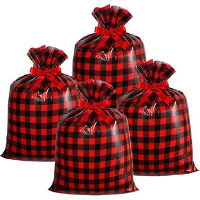 Shappy 4 Pieces Large Christmas Wrapping Gift Bags Santa Sacks Gift Bag 36 x 48 Inch Present Buffalo Plaid Plastic Bags with 1 Roll 16 Feet Ribbon Christmas Party Holiday Decor(Red and Black)