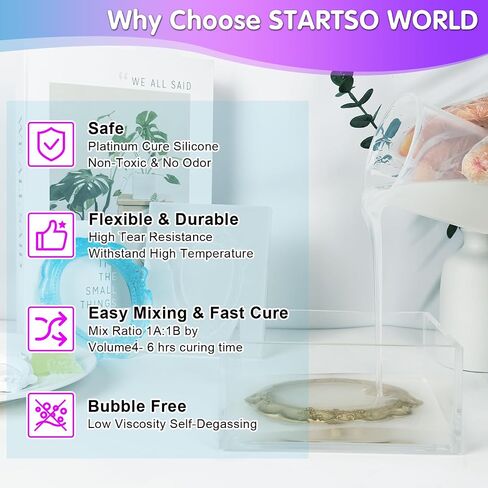 مجموعة صنع قوالب Startso World، 20 أمبير بلاتينيوم شفاف RTV-2 مطاط السيليكون السائل 21.2 أونصة لصب الراتنج والصابون والشموع والطين وقوالب DIY - 1: 1 من حيث الحجم مع أداة 4 أكواب، 4 أعواد، 2 قطارات، قفازات زوج واحد in Kuwait