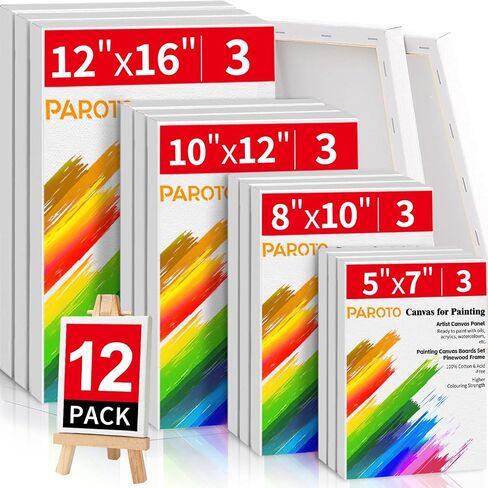 قماش للرسم 12 حزمة، مجموعة لوحات قماشية متعددة الأحجام 5 × 7، 8 × 10، 10 × 12، 12 × 16 بوصة، 100% قطن فارغ زيت أكريليك ألوان مائية صب الطلاء للأطفال والمبتدئين والفنانين in Saudi Arabia