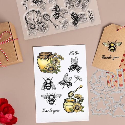 GLOBLELAND Bee Flowers Clear Stamps and Cutting Dies Bee Honey Jars Daisies Silicone Clear Stamps Cards and Metal Die Cuts for Card Making and DIY Embossing Scrapbooking in Saudi Arabia