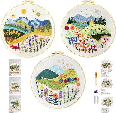 Xinpinzhou 3 Pcs Flower Grass Embroidery Kit, Beginning Easy Stamped Funny Hand Embroidery Patterns Starter Kits Set for Beginners Adults Plant Bordado with Cloth, Thread, Needle, Hoop, Scissors in Kuwait