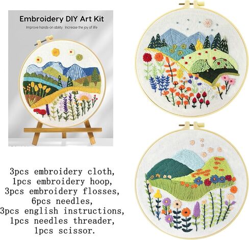 Xinpinzhou 3 Pcs Flower Grass Embroidery Kit, Beginning Easy Stamped Funny Hand Embroidery Patterns Starter Kits Set for Beginners Adults Plant Bordado with Cloth, Thread, Needle, Hoop, Scissors in Kuwait