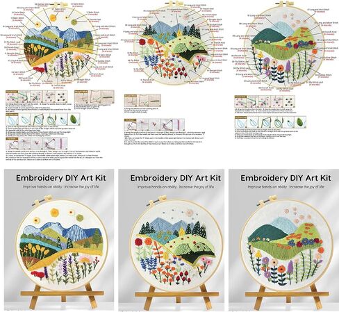 Xinpinzhou 3 Pcs Flower Grass Embroidery Kit, Beginning Easy Stamped Funny Hand Embroidery Patterns Starter Kits Set for Beginners Adults Plant Bordado with Cloth, Thread, Needle, Hoop, Scissors in Kuwait