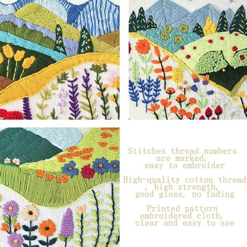 Xinpinzhou 3 Pcs Flower Grass Embroidery Kit, Beginning Easy Stamped Funny Hand Embroidery Patterns Starter Kits Set for Beginners Adults Plant Bordado with Cloth, Thread, Needle, Hoop, Scissors in Kuwait