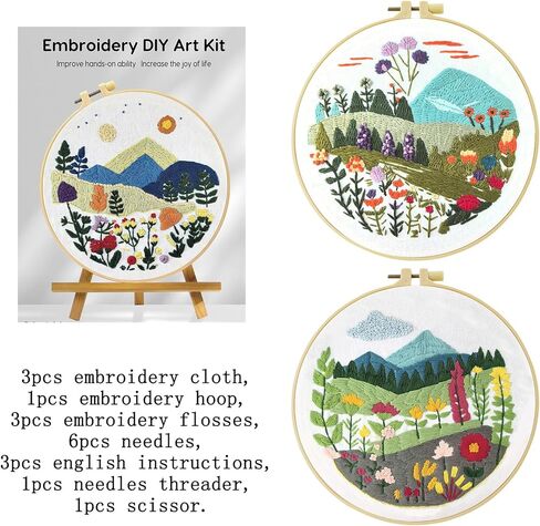 Xinpinzhou 3 Pcs Flower Grass Embroidery Kit, Beginning Easy Stamped Funny Hand Embroidery Patterns Starter Kits Set for Beginners Adults Plant Bordado with Cloth, Thread, Needle, Hoop, Scissors in Kuwait