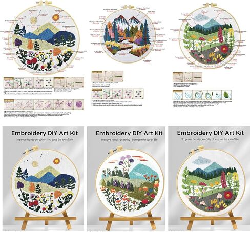Xinpinzhou 3 Pcs Flower Grass Embroidery Kit, Beginning Easy Stamped Funny Hand Embroidery Patterns Starter Kits Set for Beginners Adults Plant Bordado with Cloth, Thread, Needle, Hoop, Scissors in Kuwait