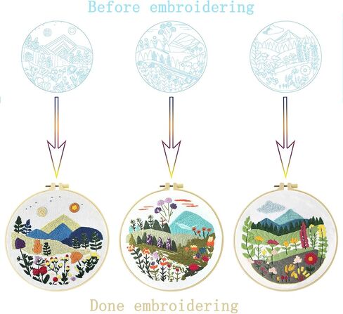 Xinpinzhou 3 Pcs Flower Grass Embroidery Kit, Beginning Easy Stamped Funny Hand Embroidery Patterns Starter Kits Set for Beginners Adults Plant Bordado with Cloth, Thread, Needle, Hoop, Scissors in Kuwait