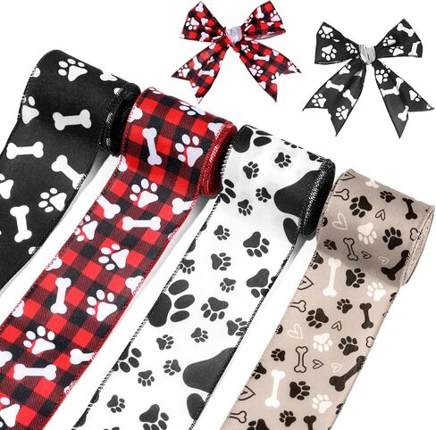 4 Rolls Paw Print Ribbon, 2.4 Inch x 20 Yard Red White Black Animal-Themed Ribbons - Pet Paw Dog Bone Wired Edge Ribbon for DIY Crafts, Party Decorations & Gift Wrapping in Saudi Arabia