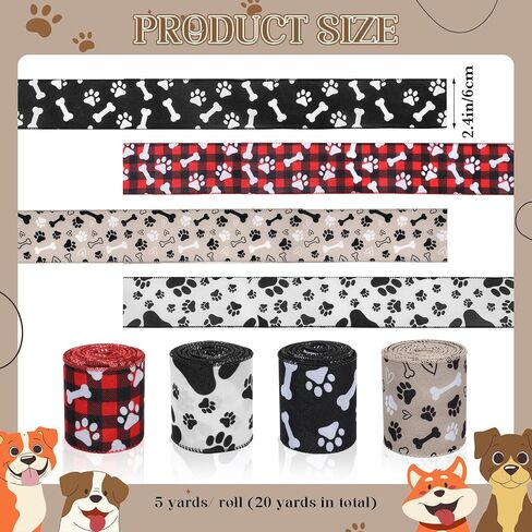 4 Rolls Paw Print Ribbon, 2.4 Inch x 20 Yard Red White Black Animal-Themed Ribbons - Pet Paw Dog Bone Wired Edge Ribbon for DIY Crafts, Party Decorations & Gift Wrapping in Saudi Arabia