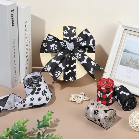 4 Rolls Paw Print Ribbon, 2.4 Inch x 20 Yard Red White Black Animal-Themed Ribbons - Pet Paw Dog Bone Wired Edge Ribbon for DIY Crafts, Party Decorations & Gift Wrapping in Saudi Arabia