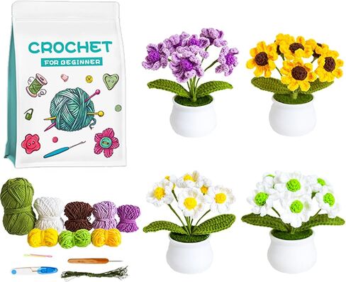 Meygajoe DIY Crochet Kit for Beginners, 4 Pack Little Daisy Crochet Kit Beginner Crochet Starter Kit for Complete Beginners Adults, Crocheting Knitting Kit with Step-by-Step Video Tutorials in Saudi Arabia