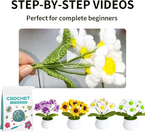 Meygajoe DIY Crochet Kit for Beginners, 4 Pack Little Daisy Crochet Kit Beginner Crochet Starter Kit for Complete Beginners Adults, Crocheting Knitting Kit with Step-by-Step Video Tutorials in Saudi Arabia