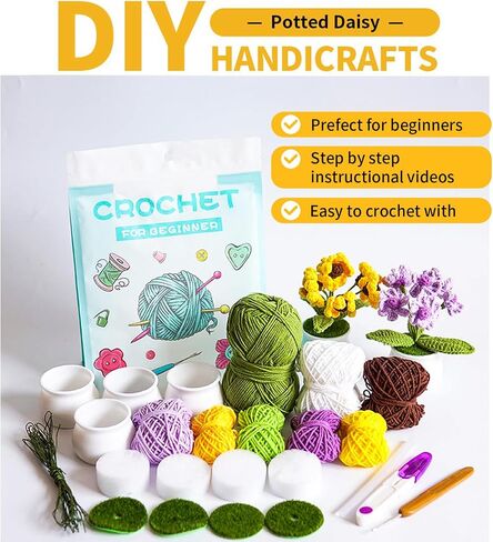 Meygajoe DIY Crochet Kit for Beginners, 4 Pack Little Daisy Crochet Kit Beginner Crochet Starter Kit for Complete Beginners Adults, Crocheting Knitting Kit with Step-by-Step Video Tutorials in Saudi Arabia