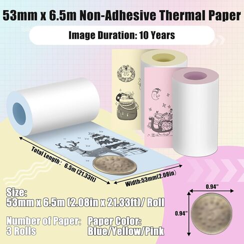ورق حراري ملون غير لاصق، ورق طابعة M02 لطابعة M02 M02 Pro M02S M03 M03AS M04S M04AS الصغيرة، 53 مم × 6.5 م/لفة، أصفر/أزرق/وردي، 3 لفات، متوافقة مع ورق طابعة Phomemo in Kuwait